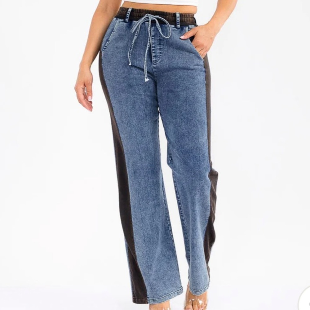 Elastic Waist Wide Leg Denim Contrast Wide Leg Trousers Ponte Knit Black & Denim